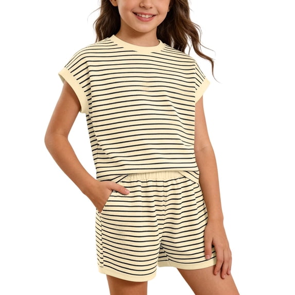 Byoo Big Girls' Striped Ribbed 2 Piece Outfit Cap Sleeve Top and Shorts with Pockets,Grey