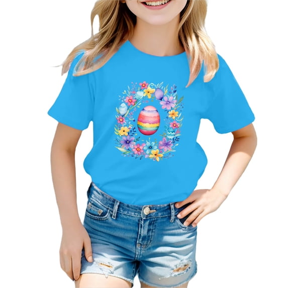 Byoo Big Girls T Shirt Comfy Easter Egg Graphic Tough Tee Shirt with Short Sleeves Basic T Shirt for Child,Sky Blue