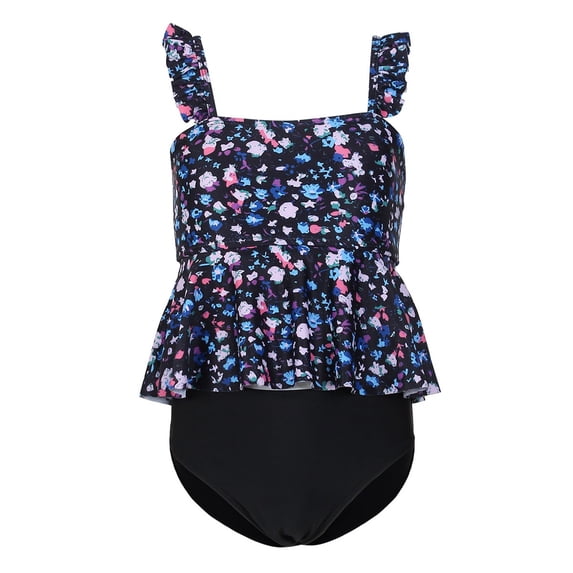 Byoo Big Girls Tankini Set UPF 50 Floral Print Peplum Ruffled Spaghetti Strap Quick Dry Pool Swimsuit,Blue
