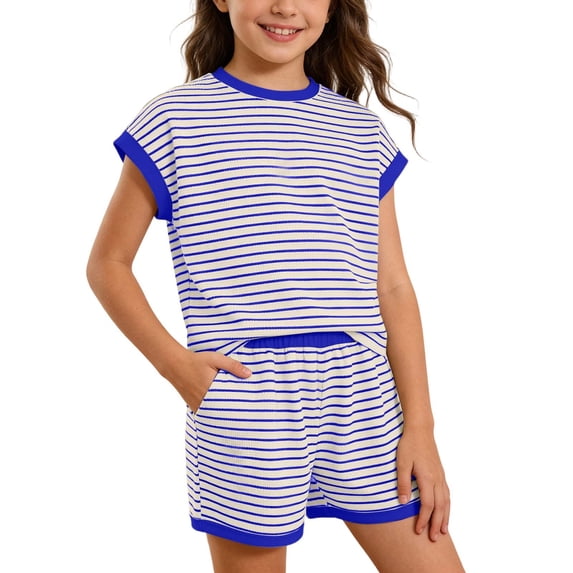 Byoo Big Girls Two-Piece Summer Outfit Casual Striped Short Sleeve T-Shirt Shorts Set With Pockets
