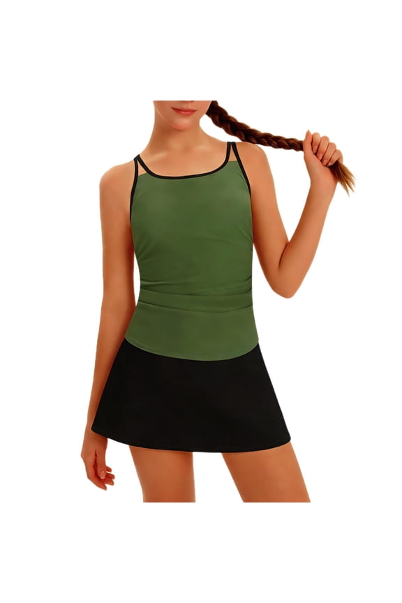 Big Girls Two Piece Swimsuit Spaghetti Strap Rash Guard Tee Skirt Kids Bathing Suit Durable Sport Swimwear