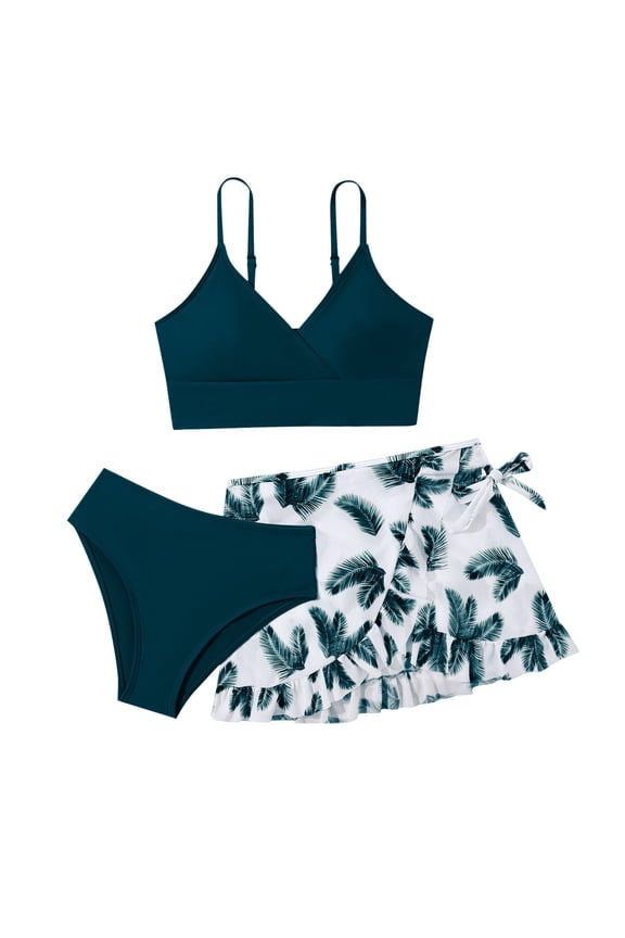 Big Girls' UPF 50+ 3-Piece Quick Dry Bikini Set Tropical Print Ruffle Sarong Beach Swim Set,Blue