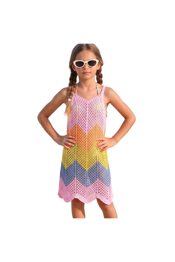 Big Girls UPF 50+ Beach Cover Up Dress Breathable Hollow Knit Beach Pool Swim Wrap Skirts,Pink