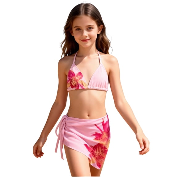 Byoo Big Girls UPF 50+ Bikini Set Floral Print with Cover Up Skirt Beach Pool Swimsuits,Pink
