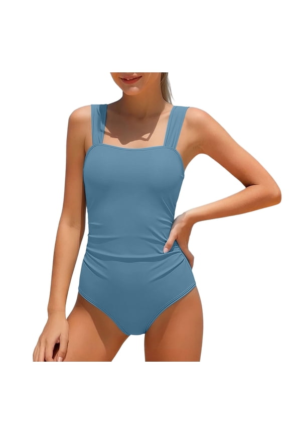 Big Girls UPF 50+ One Piece Swimsuit Solid Ruched Beach Pool Athletic Bathing Suits,Blue