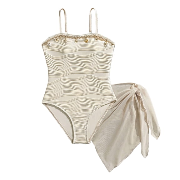 Byoo Big Girls UPF 50+ One Piece Swimsuit Textured Sheer Cover Up Beach Pool Bathing Suits,Beige