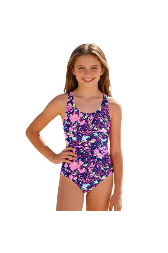 Big Girls UPF 50+ One Piece Swimsuit Vibrant Graffiti Print Beach Pool Bathing Suits,Purple