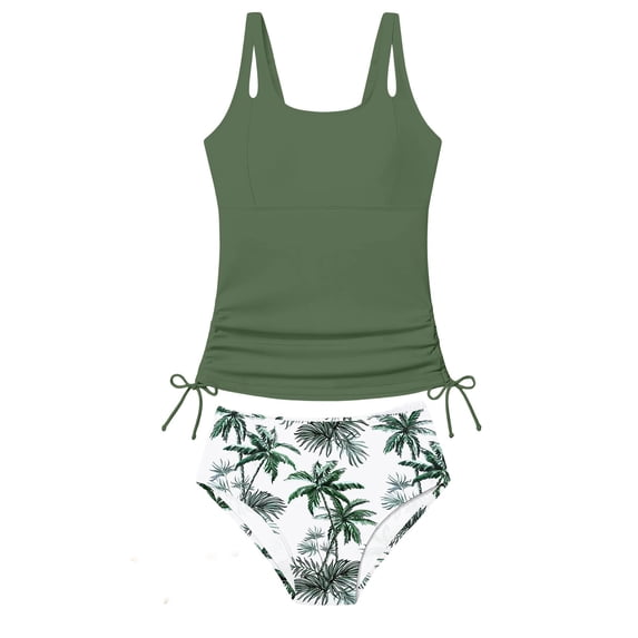 Byoo Big Girls UPF 50 Plus Tankini Set Hawaiian Print Beach Pool Water Bathing Suits,Green