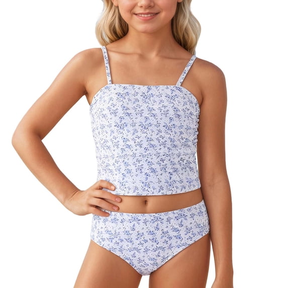 Byoo Big Girls UPF 50 Plus Two Piece Tankini Set Floral Print Beach Pool Bathing Suits,Blue