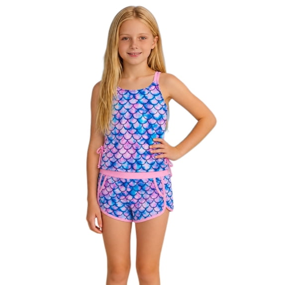 Byoo Big Girls UPF 50+ Quick Dry Tankini Set Side Drawstring Scale Print Beach Swimwear,Purple
