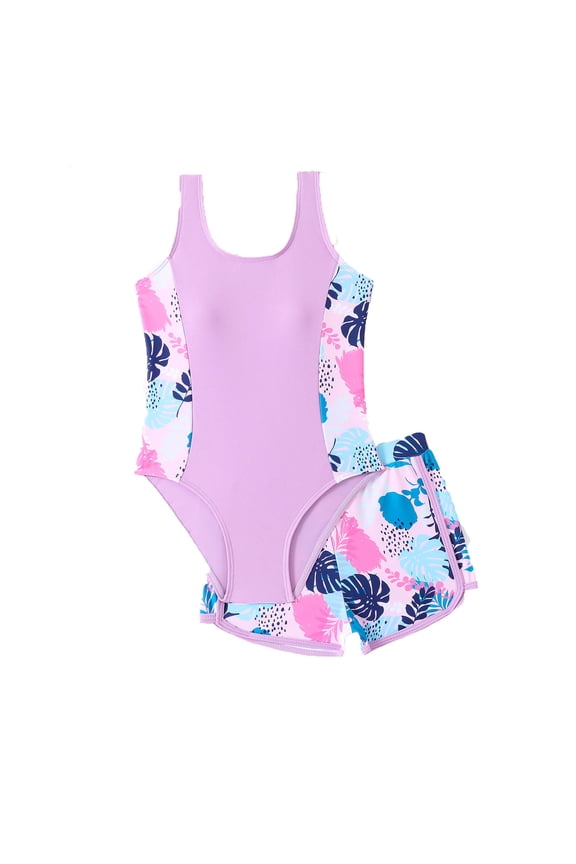 Big Girls UPF 50+ Tankini Set Color Block Tropical Print Beach and Pool Swimwear,Purple