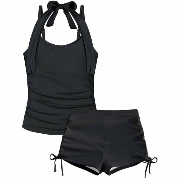 Byoo Big Girls UPF 50+ Tankini Set Halter Tie Top with Ruched Solid Drawstring Shorts Beach Swimwear,Black
