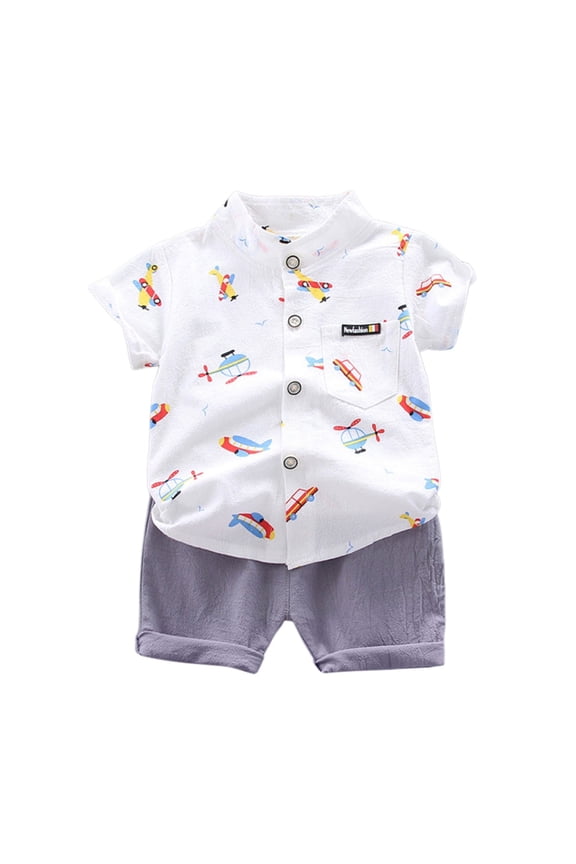 Boy Airplane Print Outfit Set Short Sleeve Stand Collar Button Down Shirt Shorts Baby Set Lightweight Summer Outdoor Outfits