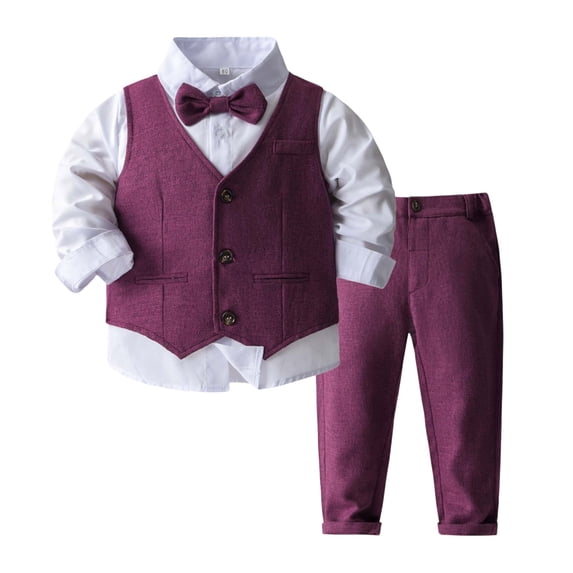 Byoo Boy Formal Outfit Set Wedding 3 Piece Solid Long Sleeve Shirt Vest Pants Cloth Set Classic Party Suit Set