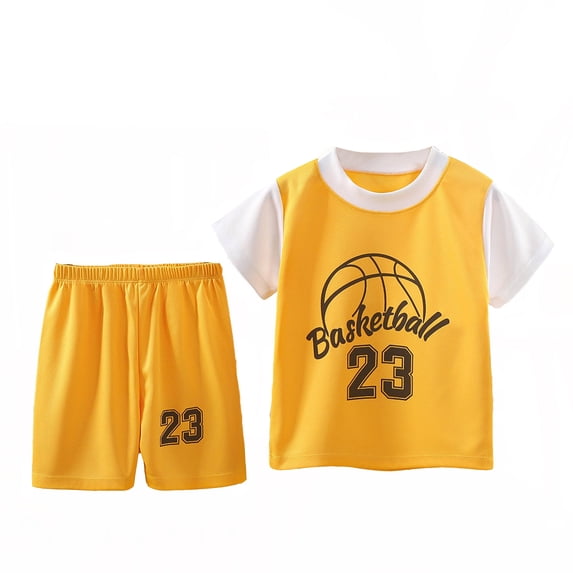 Byoo Boy Number Print Basketball Outfit Set Short Sleeve Contrast Neck Tee Mesh Shorts Cloth Set Sporty Active Tracksuit