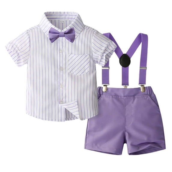 Byoo Boy Stripe Graphic Outfit Set Short Sleeve Button Down Shirt Suspender Shorts Cloth Set Formal Party Wedding Tracksuit