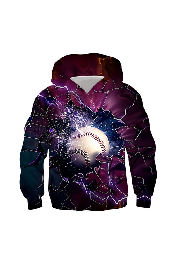 Boy's Baseball Print Hoodie Long Sleeve Hooded Pocket Lightning Graphic Sweatshirt Soft Comfy Pullover Top