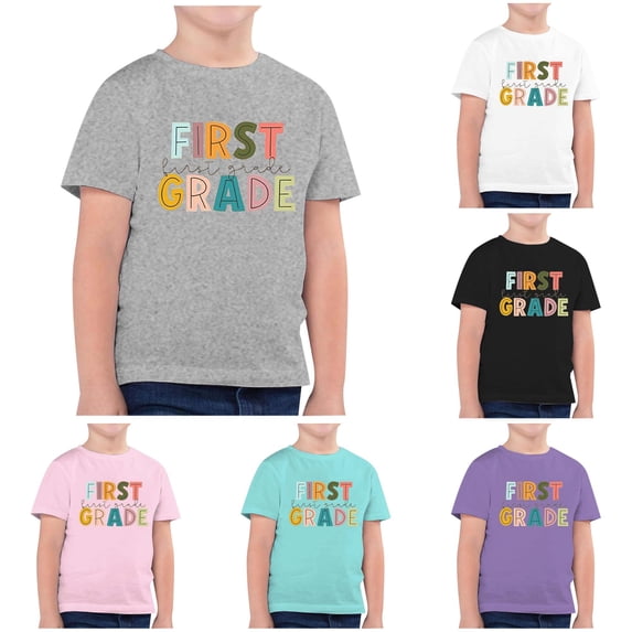 Byoo Boy's First Grade Letter Print T-Shirt Short Sleeve Classroom Graphic Tee School Daily Pullover Top