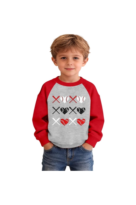 Boy's Sweatshirt Sporty Baseball Print Full Sleeve Ribbed Pullover Tops Athletic Hoodie for Children