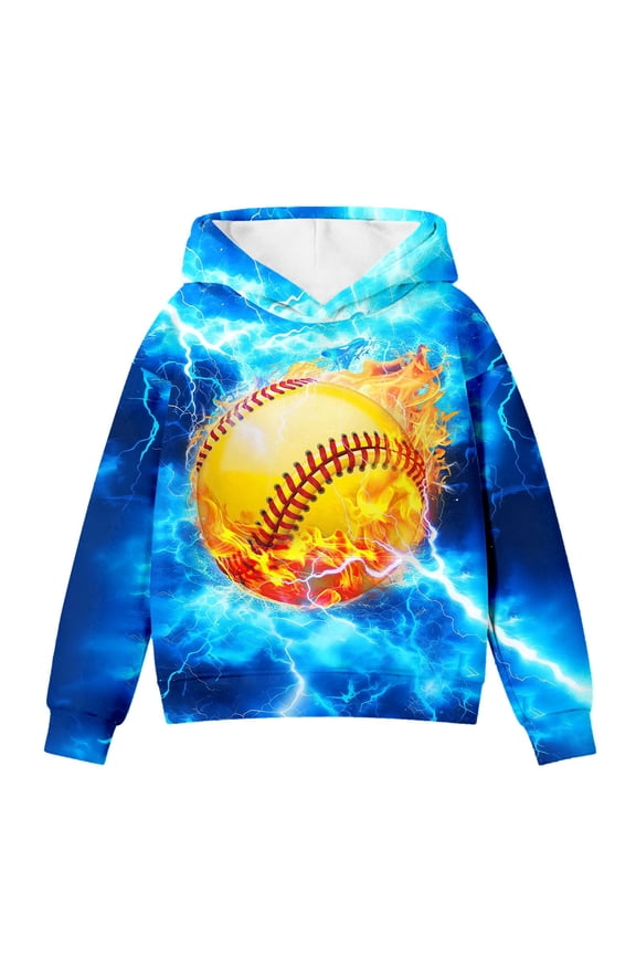 Boys Baseball Fire Lightning Graphic Hooded Sweatshirt Long Sleeve Casual Pullover Top Soft Pullover Hoodie