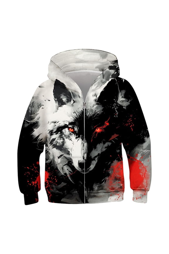 Boys Wolf Graphic Zip Up Hooded Jacket Long Sleeve Casual Soft Pullover Top Warm Outdoor Pullover Hoodie Sweatshirt