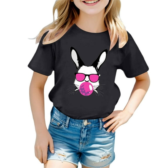 Byoo Bunny Graphic Toddler Girls Tee Easter Casual Short Sleeve O-Neck Pullover Tshirt Holiday Breathable T Shirt, Sizes2-3Y