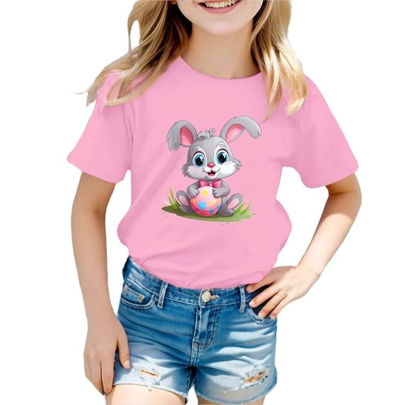 Byoo Bunny Rabbit Graphic Tee Top for Big Girls Easter Breathable Short Sleeved Daily Tee Shirt Casual T-Shirt,Pink