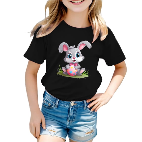 Byoo Bunny Rabbit Graphic Tee Top for Infant Girls Easter Breathable Short Sleeved Daily Tee Shirt Casual T-Shirt,Black