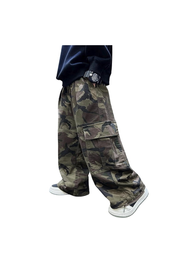 Camo Graphic Cargo Pants for Little Boys Straight Wide Leg Pockets Daily Trousers Active Comfort Pants