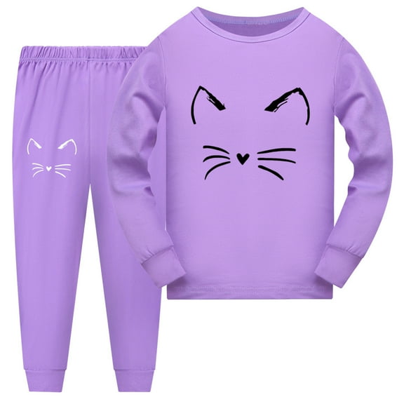 Byoo Cartoon Cat Prints Toddler Girls Loungewear Set Soft Long Sleeve Shirt Trousers 2PCS Clothes Set Breathable Soft Homewear Set