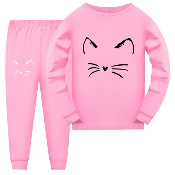 Byoo Cartoon Cat Prints Toddler Girls Loungewear Set Soft Long Sleeve Shirt Trousers 2PCS Clothes Set Breathable Soft Homewear Set