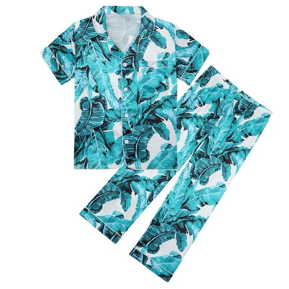 Byoo Cartoon Print Sleepwear for Big Girl Short Sleeve Button-Up Shirt Pants Homewear Loose Fit Nightwear, Green