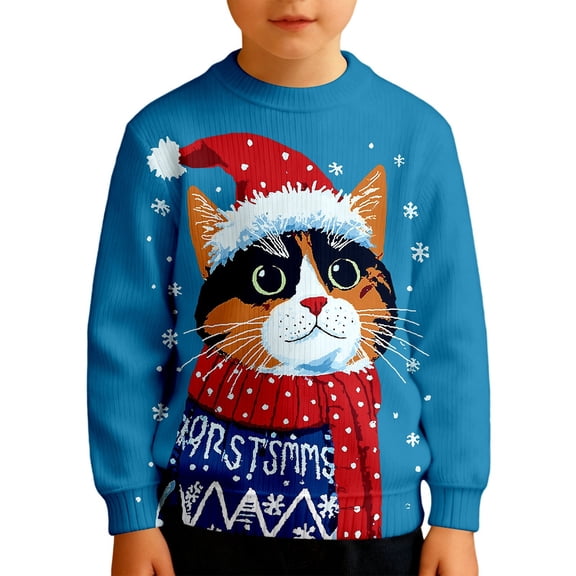 Byoo Cat Print Sweater for Tween Boy Christmas Full Sleeve Round Neck Knit Ribbed Xmas Sweatshirt Soft Holiday Pullover Top