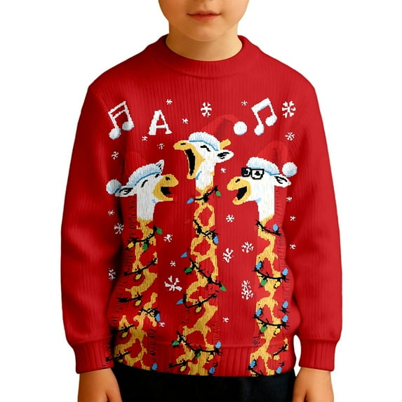Byoo Christmas Toddler Boys Sweatshirt Giraffe Graphic Round Neck Knited Ribbed Top Holiday Casual Xmas Pullover Shirt