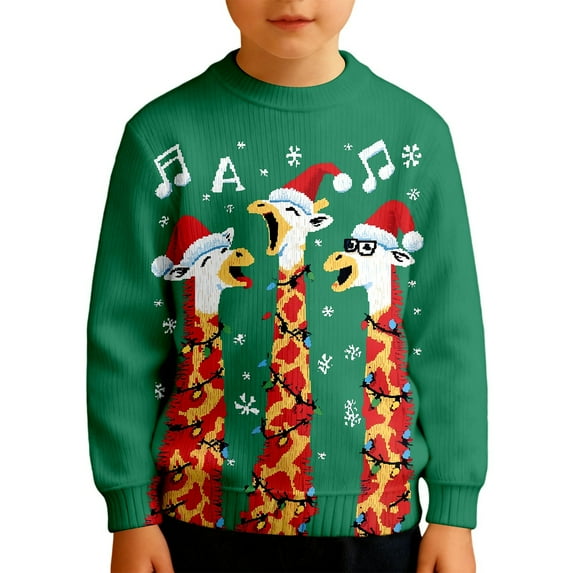 Byoo Christmas Toddler Boys Sweatshirt Giraffe Graphic Round Neck Knited Ribbed Top Holiday Casual Xmas Pullover Shirt