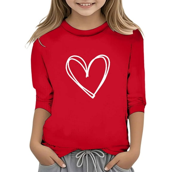 Byoo Classic T Shirt for Little Girl Valentine Sweet Heart Graphic 3/4 Quarter Sleeve Comfort Pullover T-Shirt Kids Soft Top