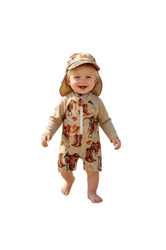 Cow Boy Printed Swimsuit Romper for Baby Boy Long Sleeve Beach Rash Guards Pool Sun Hat Sets