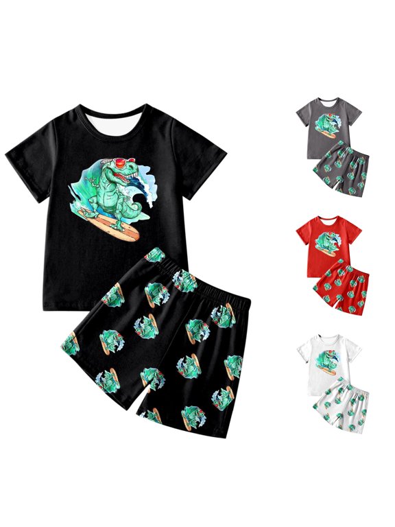 Cozy Homewear Set for Toddler Boy Surf Dino Graphic Short Sleeve Crew Neck Nightwear Set