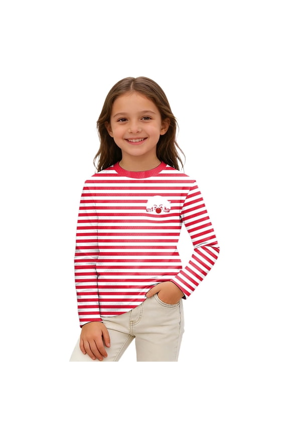 Crewneck Tee Shirt for Toddler Girl Stripe Graphic Full-Sleeve Kids Trendy T Shirt Soft Daily Pullover Top, Red