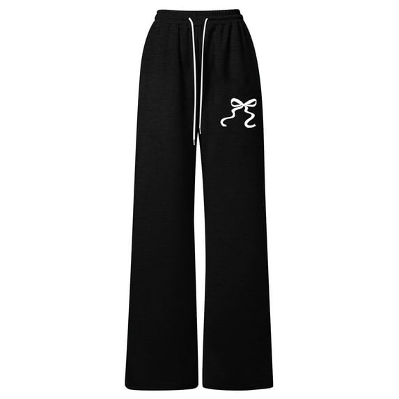 Byoo Cute Bow Graphic Sweatpants for Big Girl Straight Wide Leg Drawstring Jogger Pants Sporty Comfort Trousers,Black