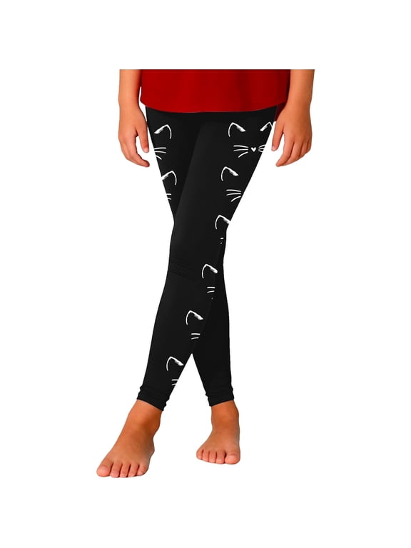 Cute Cat Graphic Big Girl's Leggings High Elastic Waist Basic Pants Casual Pull-On Trousers,Black