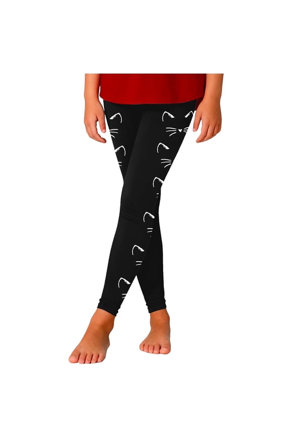 Cute Cat Graphic Big Girl's Leggings High Elastic Waist Basic Pants Casual Pull-On Trousers,Black