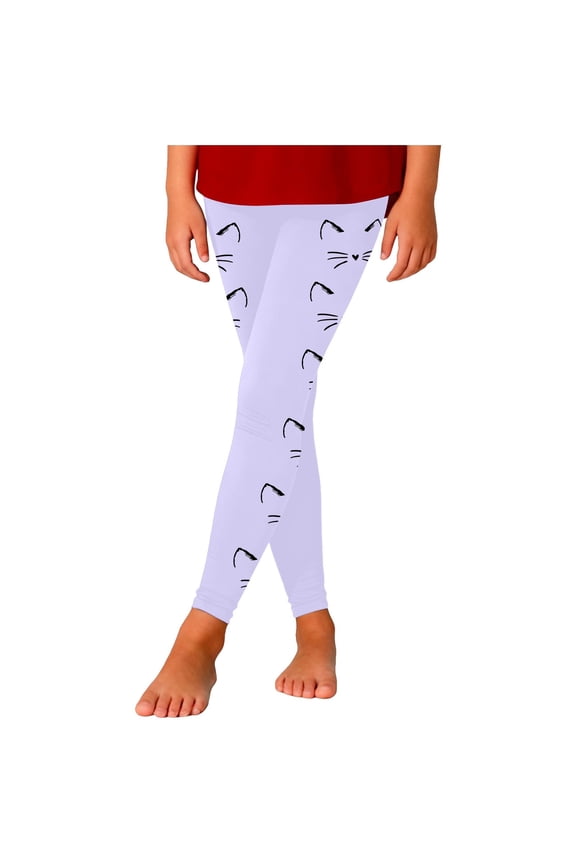 Cute Cat Graphic Big Girl's Leggings High Elastic Waist Basic Pants Casual Pull-On Trousers,Purple
