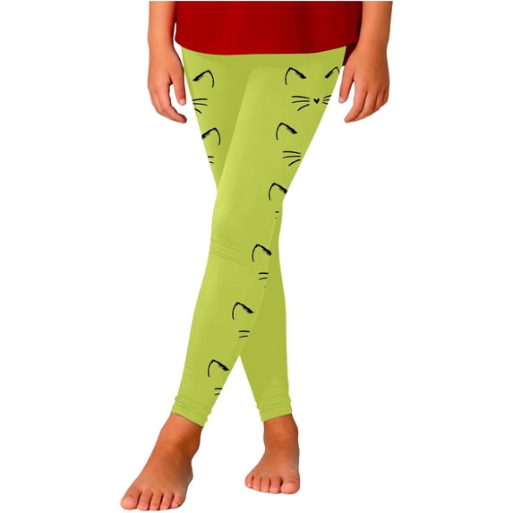 Byoo Cute Cat Graphic Little Girl's Leggings High Elastic Waist Basic Pants Casual Pull-On Trousers,Green