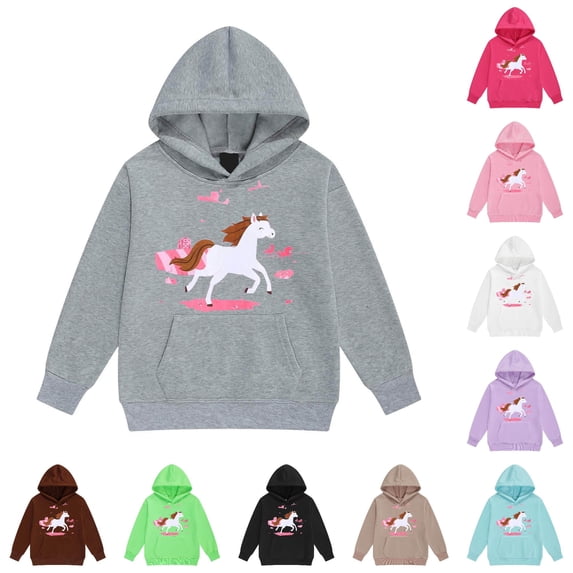 Byoo Cute Graphic Hoody Sweatshirt for Big Girls Long Sleeve Horse Printed Hoodies Play Daily Pullovers,Grey
