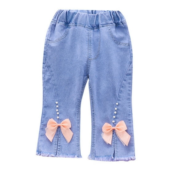 Byoo Denim Pants for Girl Bow Decoration Elastic Smocked Waist High Rise Jeans with Pearl Trim Soft Daily Trousers