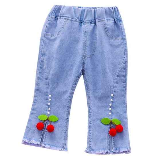 Byoo Denim Pants for Girl Cherry Decoration Elastic Smocked Waist High Rise Jeans with Pearl Trim Soft Daily Trousers