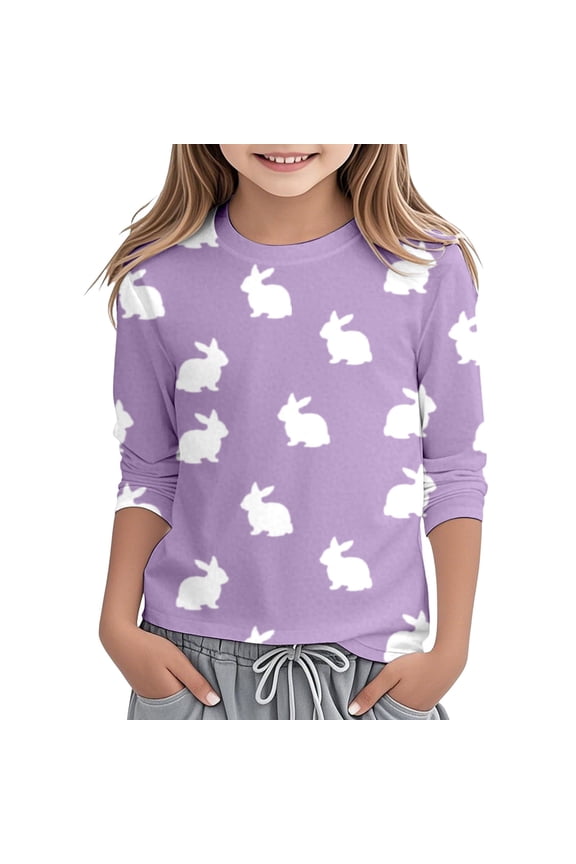 Easter Bunny Print Toddler Girls Tee Shirt Summer Round Neck 3/4 Sleeve Soft T-Shirt Kids Relaxed Fit Tee Shirt, 3-4 Years