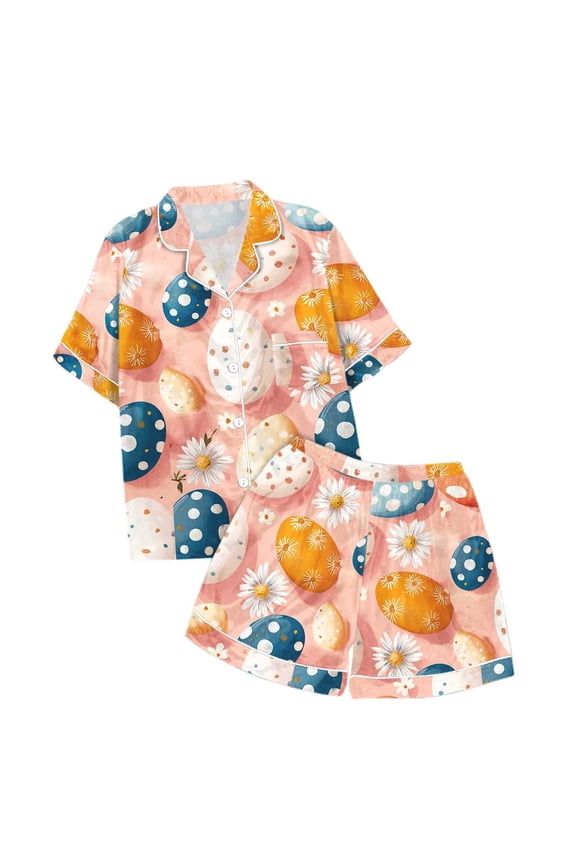 Easter Egg Graphic Homewear Outfit for Toddler Girl Pocket Button Down Shirt Shorts Sleepwear Set Comfortable Outfit Set, Sizes 3-4T