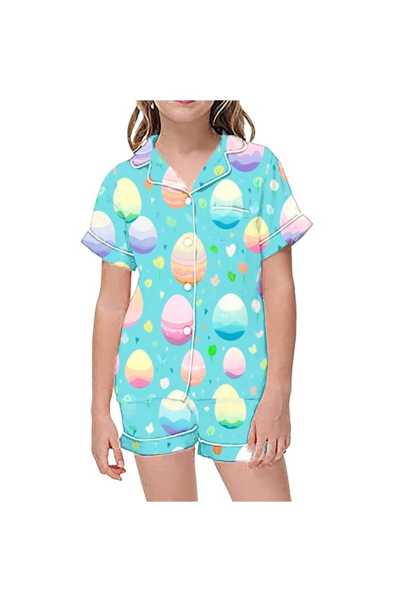 Easter Egg Graphic Toddler Girl Nightwear Outfit Button Down Shirt Shorts Clothes Set Casual Comfort Sleepwear Set, Sizes 2-3T